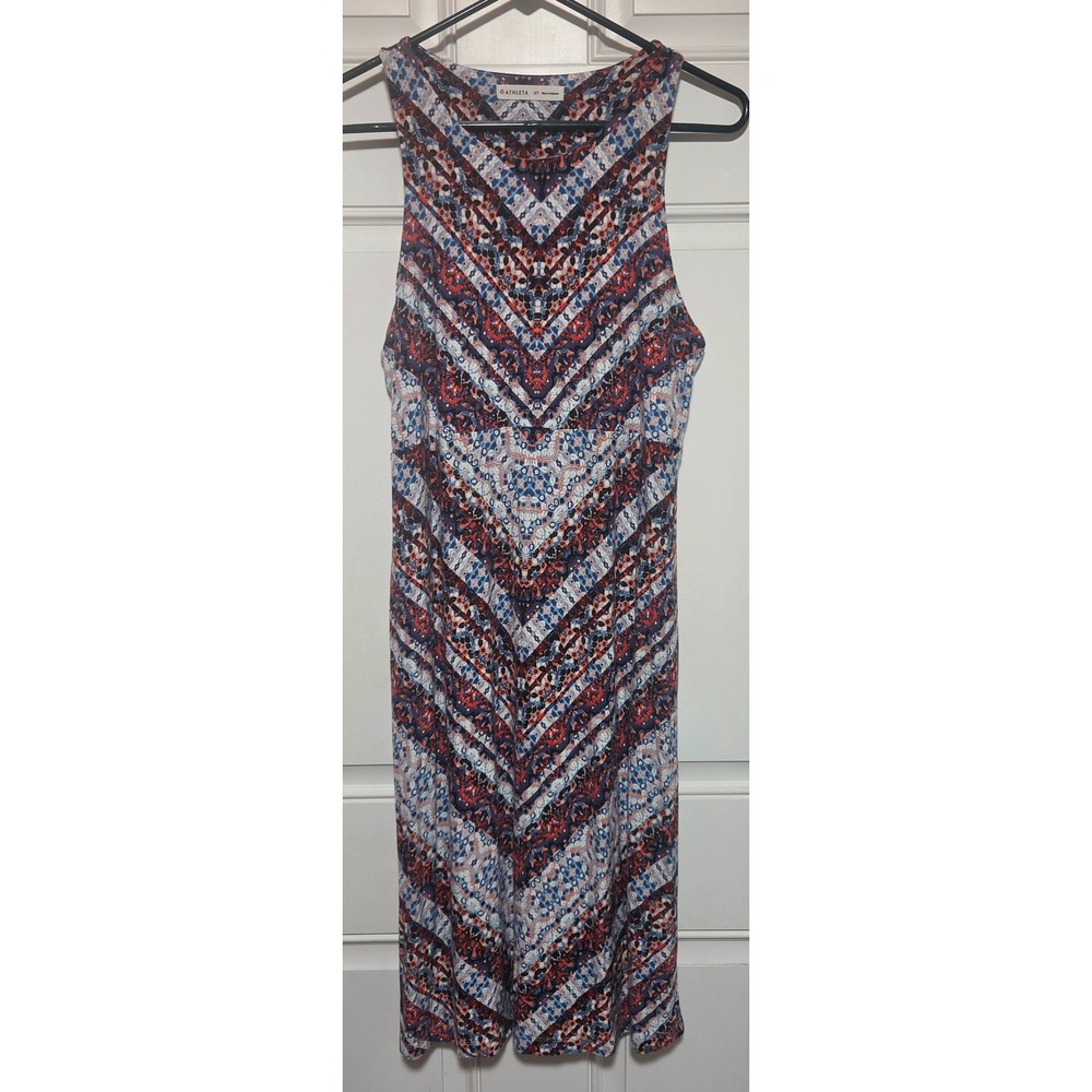 Athleta Womens MT Blue Red Geometric Chevron Micro Modal Sleeveless Midi Dress